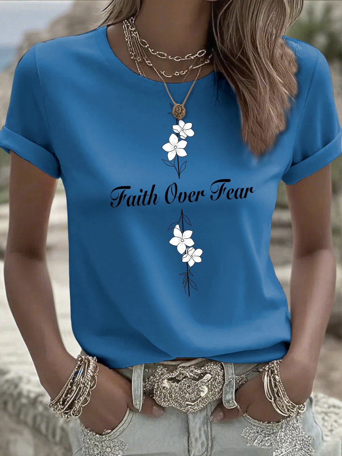 Women's Casual Faith Overcomes Fear Cross T-Shirt