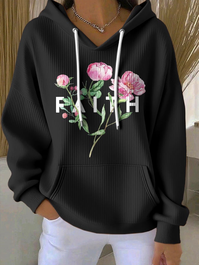 Women's Casual Floral Faith Textured Hoodie