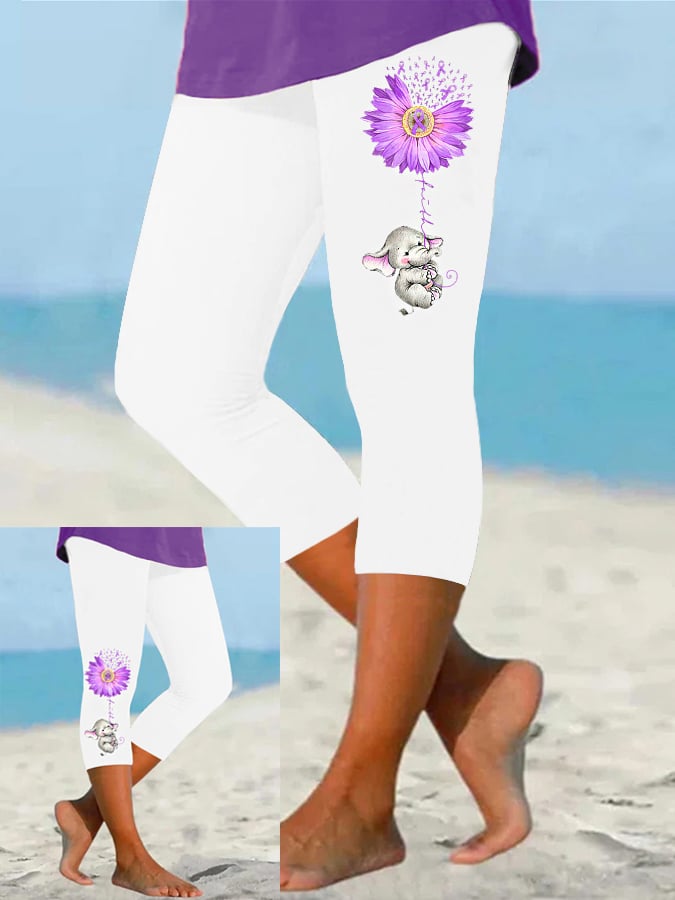 Women's Faith For A Cure Elephant Sunflower Purple Ribbon Alzheimer's Awareness Fighter Supporter Cropped Leggings