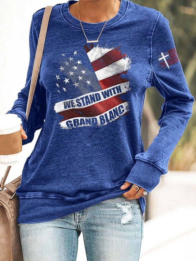Retro We Stand With Grand Blanc Faith Cross Print Sweatshirt