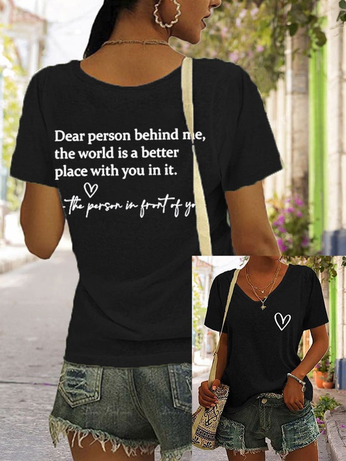 Women's Faith Dear Person Behind Me Cross Print V Neck T-Shirt