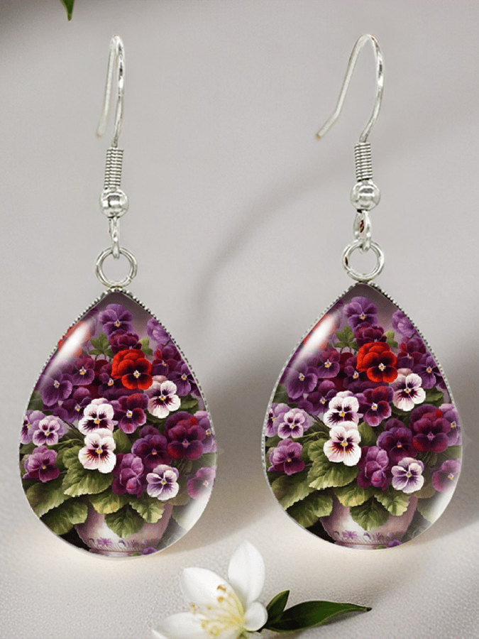 Purple Drop-Shaped Pansy Flower Design Earrings