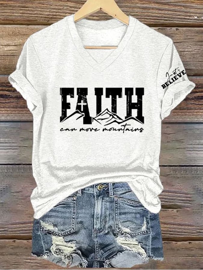 Women's Faith Can Move Mountains   Printed V-Neck Tee
