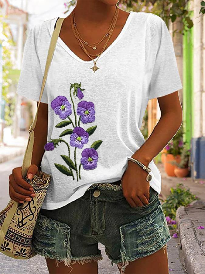 Women's Purple Flower Alzheimer's Awareness Support Print Casual V-Neck Tee