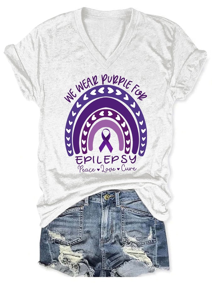 V-neck Epilepsy Awareness We Wear Purple For Epilepsy Peace Love Cure Print T-Shirt
