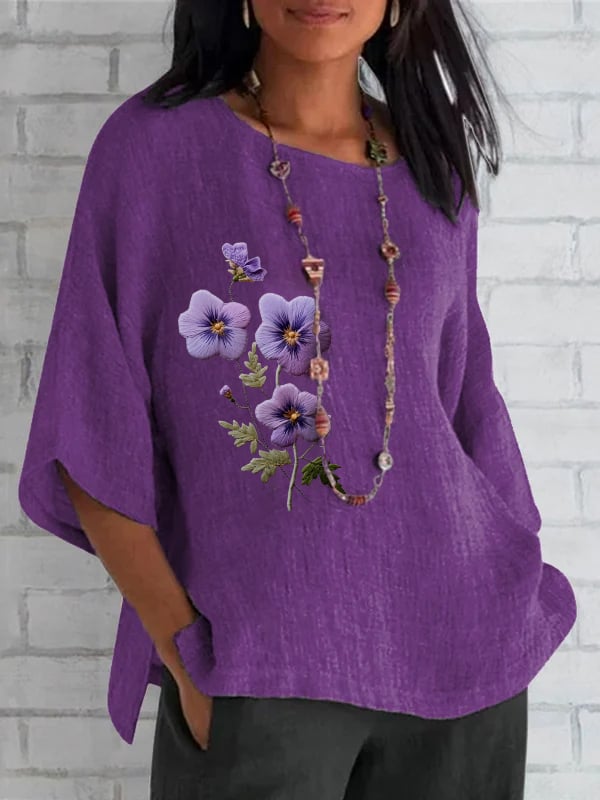 Women's Round Neck Purple Floral Print Round Neck Loose Shirt
