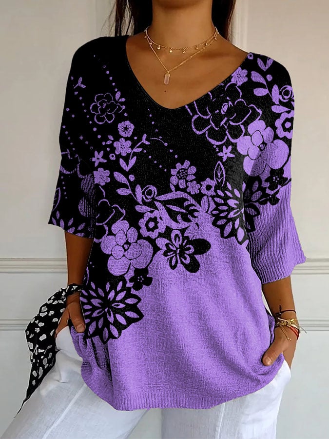Women's Retro Purple Floral Print Shirt