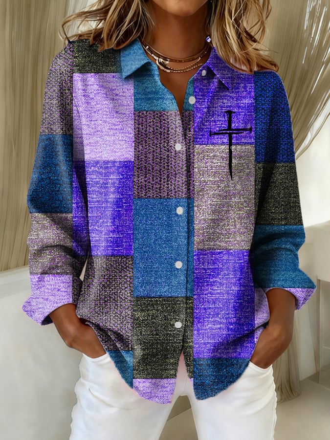 Women's Casual Autumn And Winter Retro Color Block Contrast Faith Shirt