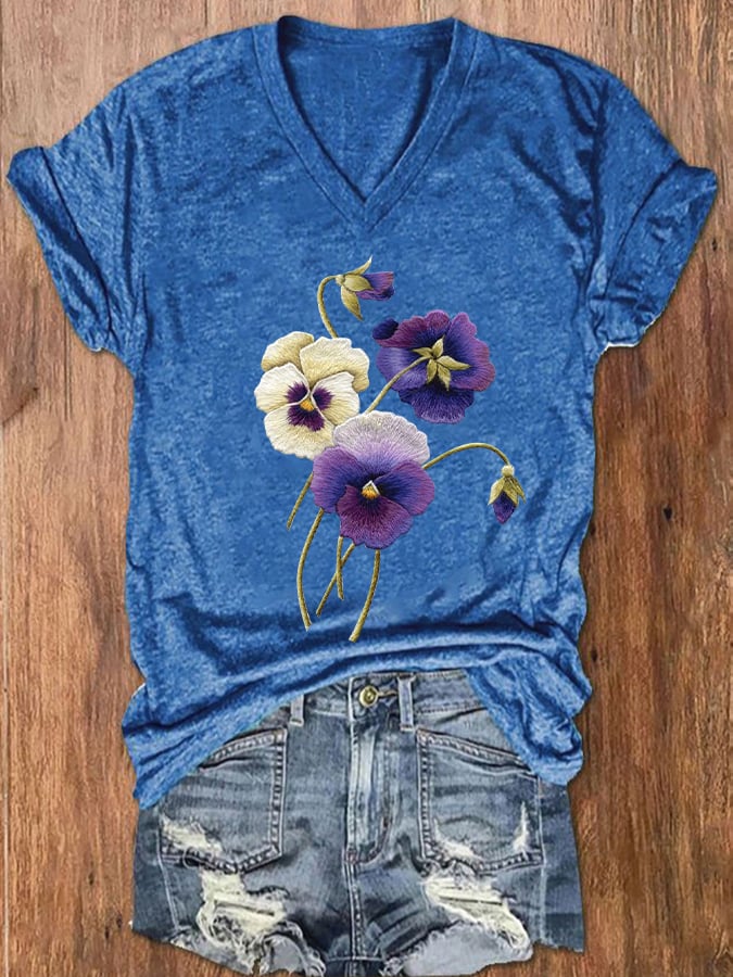 Women's Alzheimer's Awareness Purple Floral Print V-Neck T-Shirt