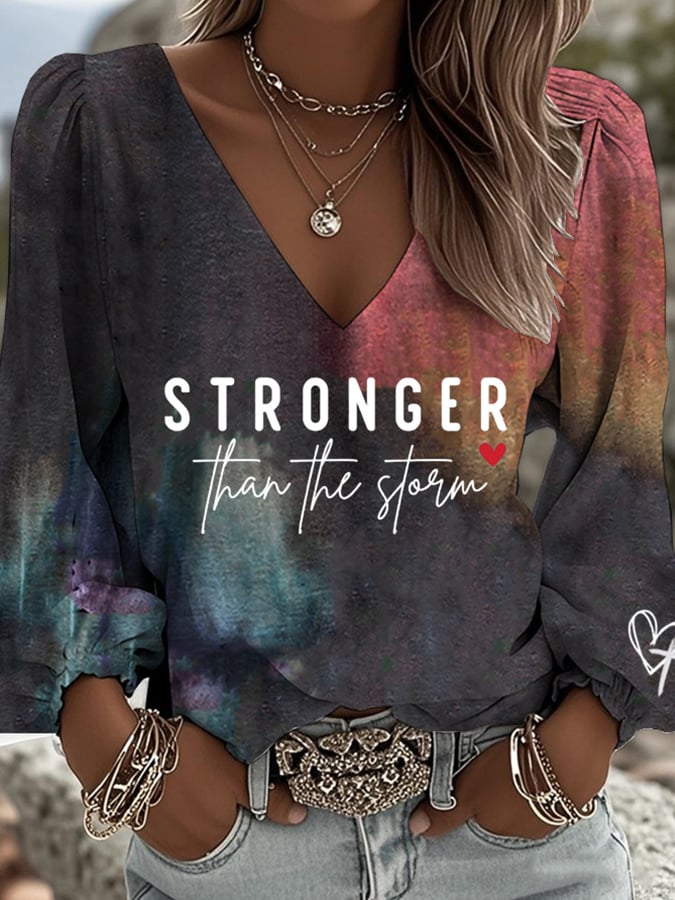 Women's Stronge Than The Storm Printed V-Neck Shirt