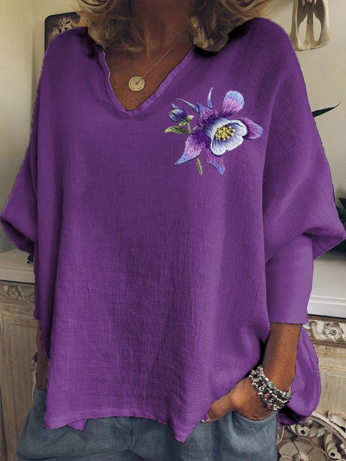 Women's Cotton And Linen Purple Floral V-Neck Top
