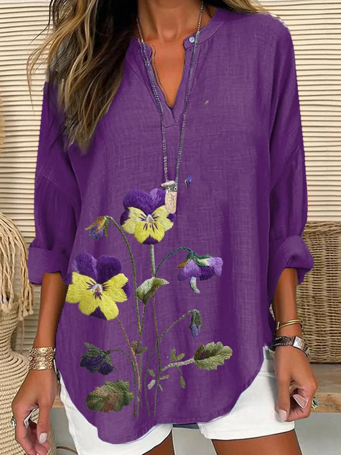Women's Alzheimer's Floral Print Casual Long Sleeve V-Neck Shirt