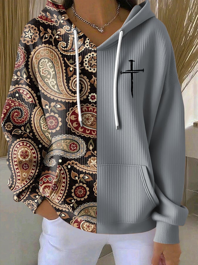 Women's Casual Paisley Contrasting Faith Texture Hoodie