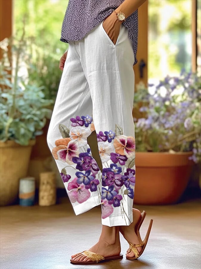 Women's Art Floral Loose  Pockets Casual Pants