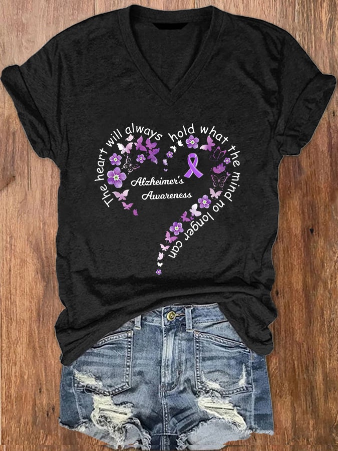 Women The Heart Will Always Hold What the Mind Can No Longer Printed V-Neck T-Shirt