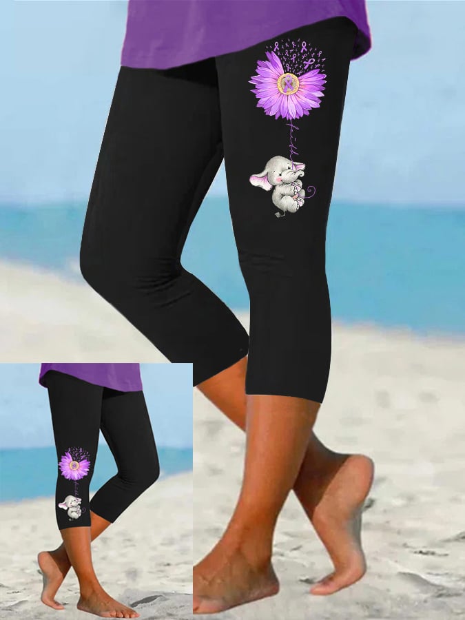 Women's Faith For A Cure Elephant Sunflower Purple Ribbon Alzheimer's Awareness Fighter Supporter Cropped Leggings