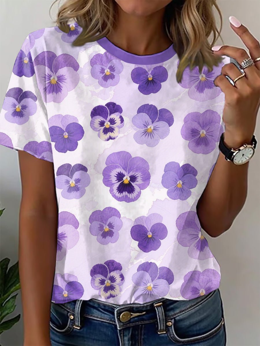 Women's Alzheimer's Awareness Purple Floral Print Crew Neck T-Shirt