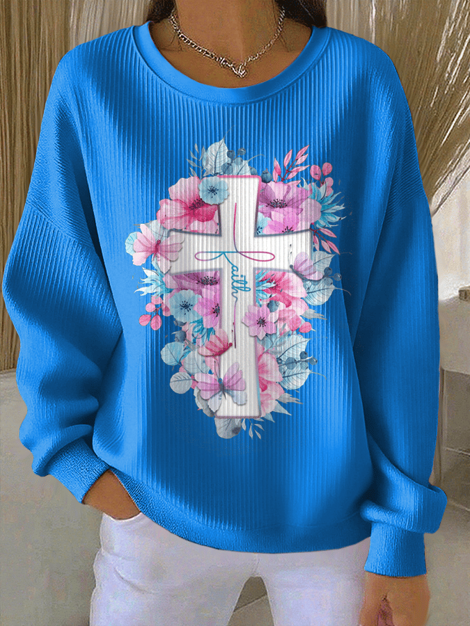 Women's Faith Print Knit Crew Neck Long Sleeve Top