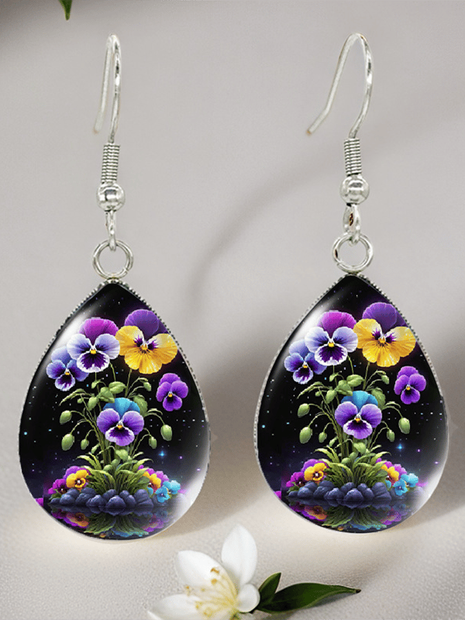 Purple Drop-Shaped Pansy Flower Design Earrings