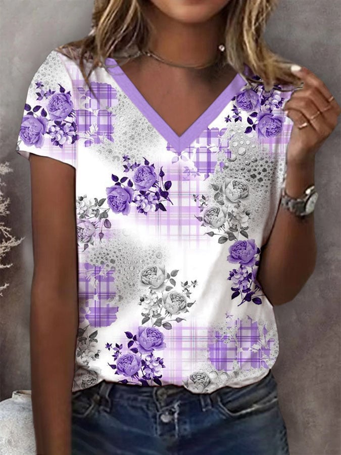 Women's Alzheimer's disease Purple Flowers Printed Short-Sleeved T-Shirt
