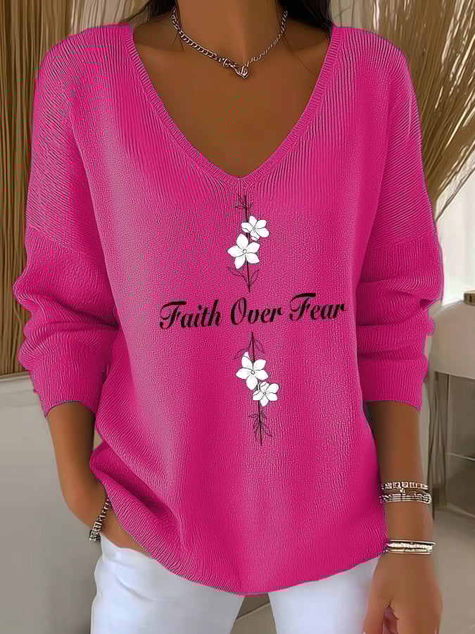 Women's Casual Faith Overcomes Fear Cross Knitted V-Neck Top