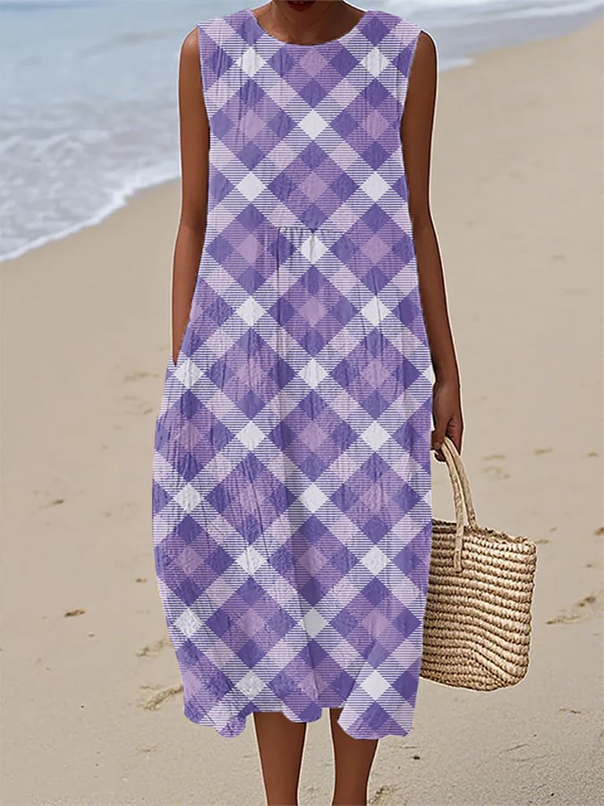 Women's purple plaid print casual dress