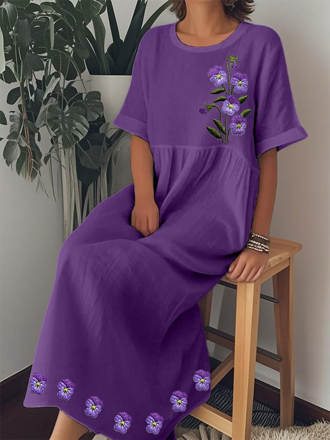 Women's Purple Pansy Print Alzheimer's Awareness Support Dress