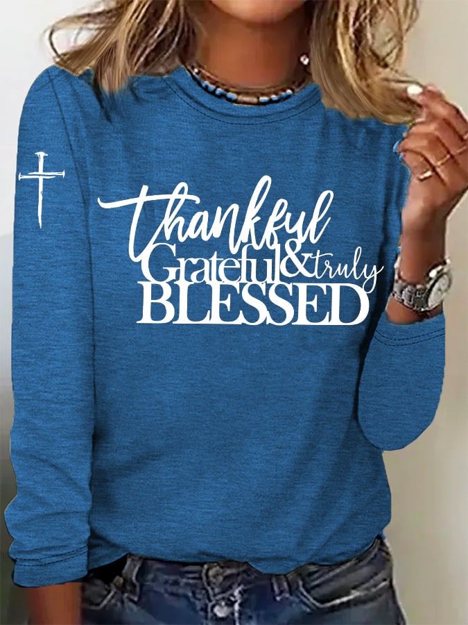 Women's casual retro Grateful Thankful Blessed long-sleeved T-shirt