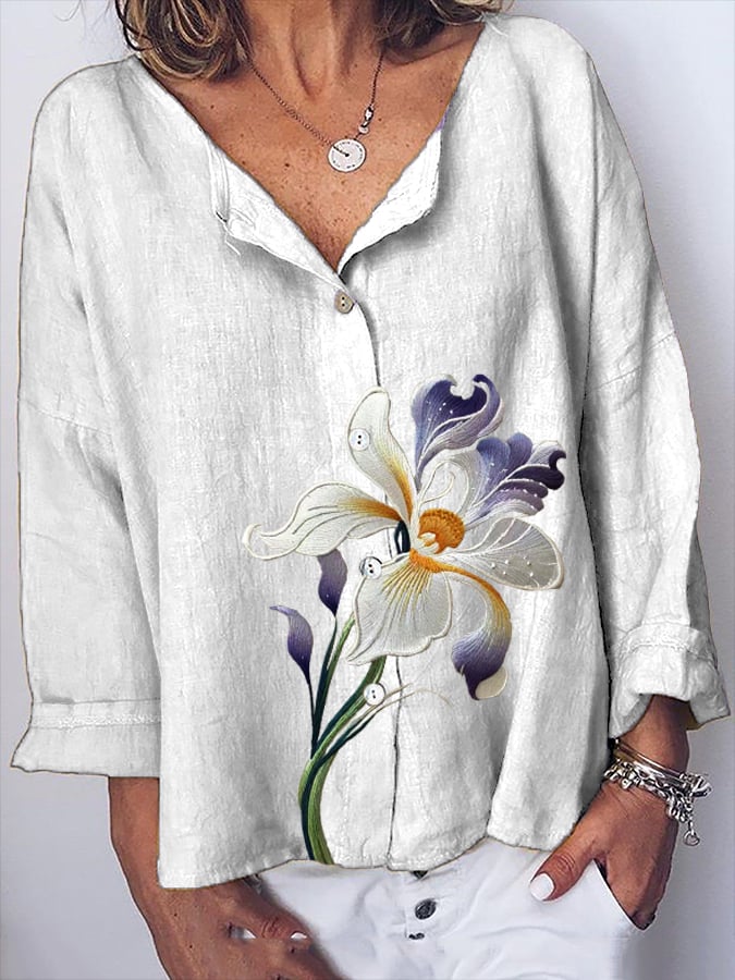 Women's Purple Floral Print Casual Cotton And Linen Top
