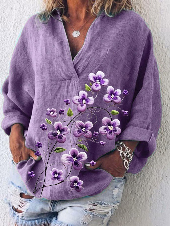 Women's Cotton And Linen Purple Floral V-Neck Top