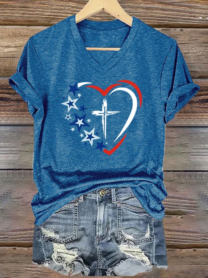 Women's American Flag Heart Printed Casual Top