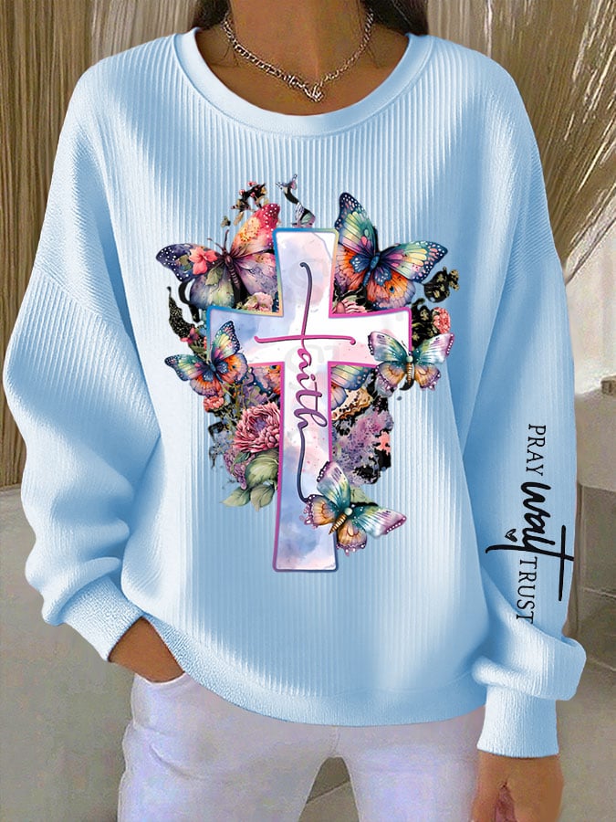 Women's Faith Cross Printed Crew Neck Long Sleeve Top