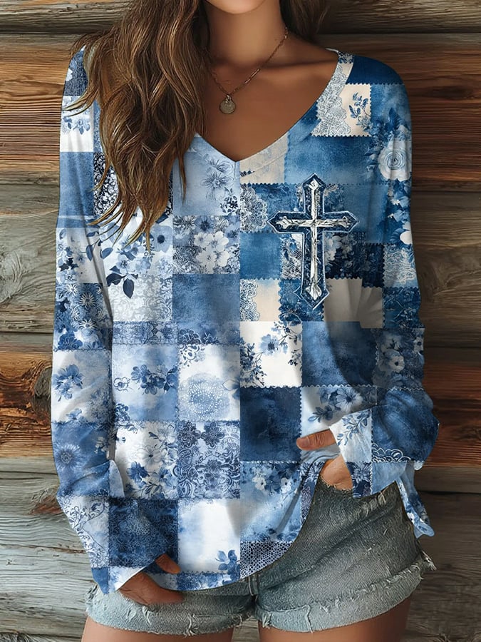 Women's Floral Art Faith Print Casual V-Neck Long Sleeve T-Shirt