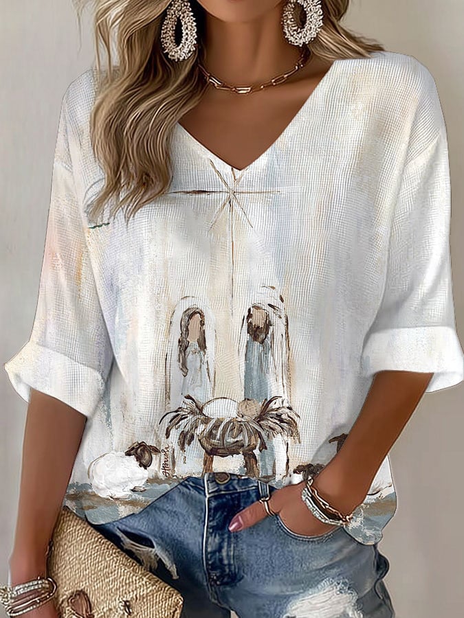 Women's Nativity Print V Neck T-shirt