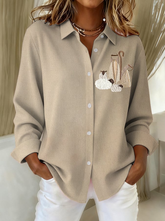 Women's Nativity Print Casual Linen Shirt