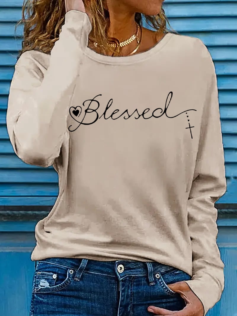 Women's Blessed Cross Jesus Printed Long Sleeve T-Shirt
