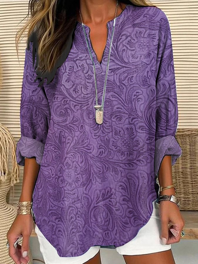 Women's Purple Art Floral Cotton And Linen Shirt