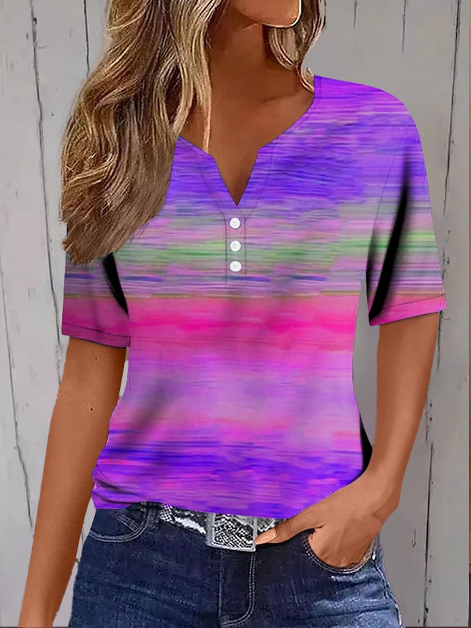 Women's Casual Purple Gradient Art Button T-shirt