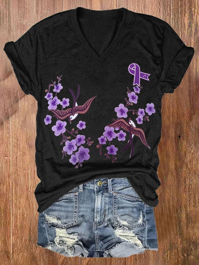 Women's Purple Alzheimer Awareness Flowers Print T-shirt