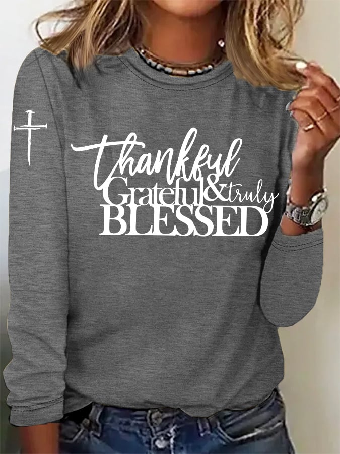 Women's casual retro Grateful Thankful Blessed long-sleeved T-shirt