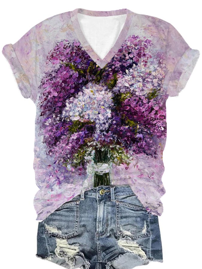 Women's Alzheimer's Purple Oil Painting Print V-Neck T-Shirt