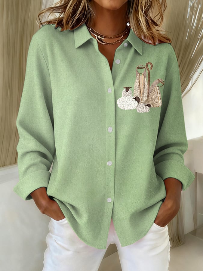 Women's Nativity Print Casual Linen Shirt