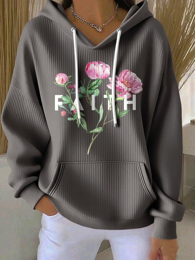 Women's Casual Floral Faith Textured Hoodie