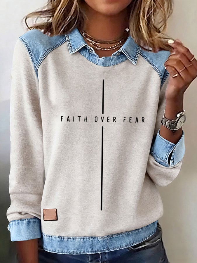 Women's Casual FAITH OVER FEAR Print Lapel Long Sleeve Top