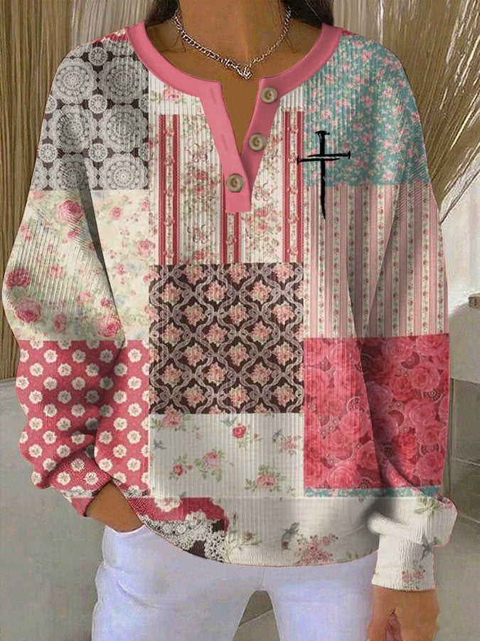 Women's Faith Print Knitted Crew Neck Long Sleeve Top