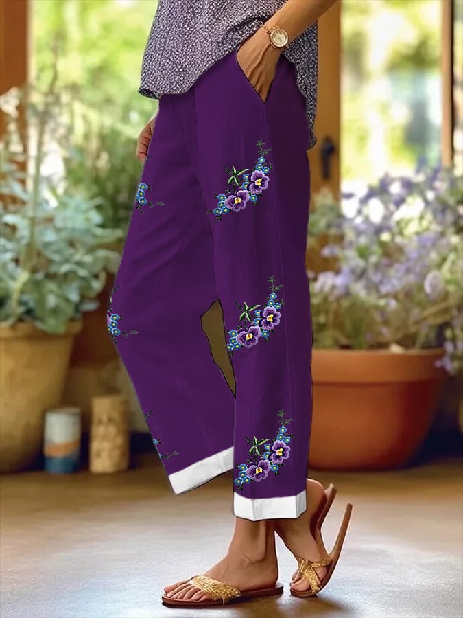 Women's Purple Flower Print Alzheimer's Awareness Support Casual Pants