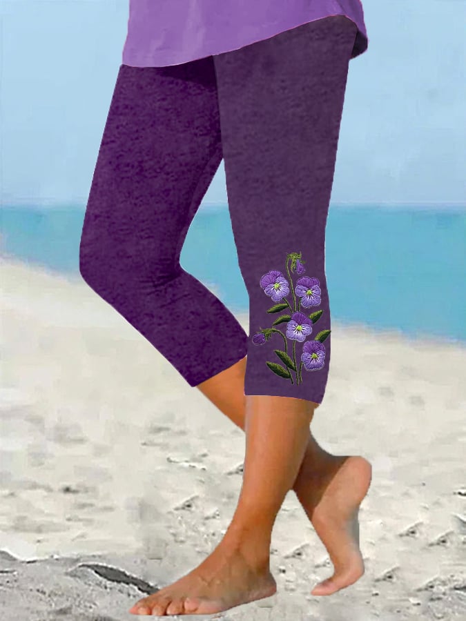 Women's Purple Flower Alzheimer's Awareness Support Cropped Leggings