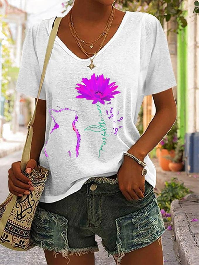 Women's For The Cure Dementia Alzheimer's Disease Awareness Print V-Neck T-Shirt