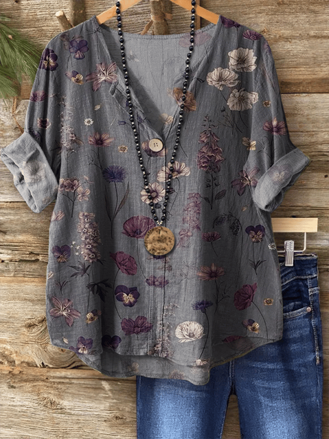 Women's Vintage Botanical Floral Art Print Button-Up Shirt