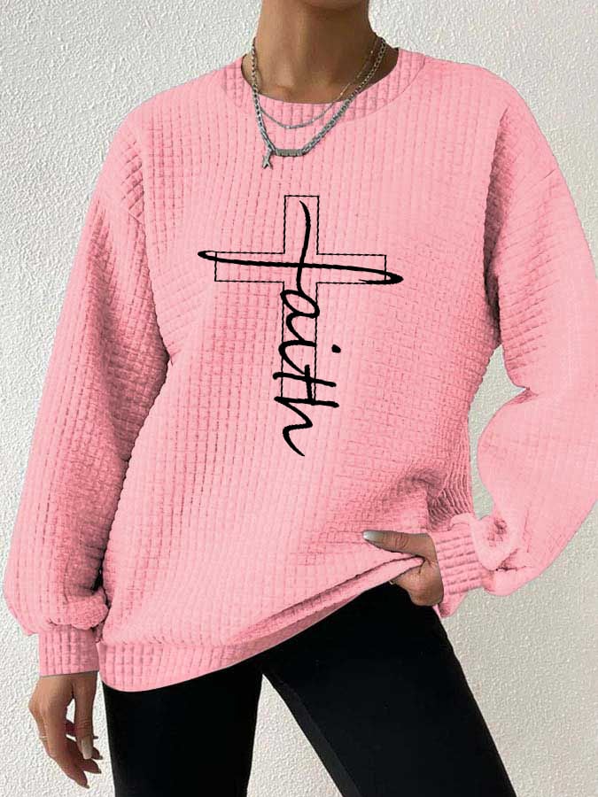 Women's Faith Cross Print Waffle Sweatshirt